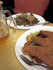 Vegan schnitzel in the foreground; mushroom goulash in the back