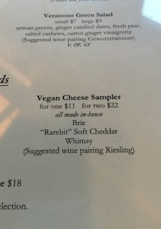 Vegan options at Veraisons Restaurant in Watkins Glen, NY