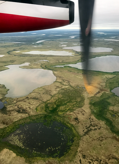 Flight from Anchorage to Bethel -- propeller over marshy tundra